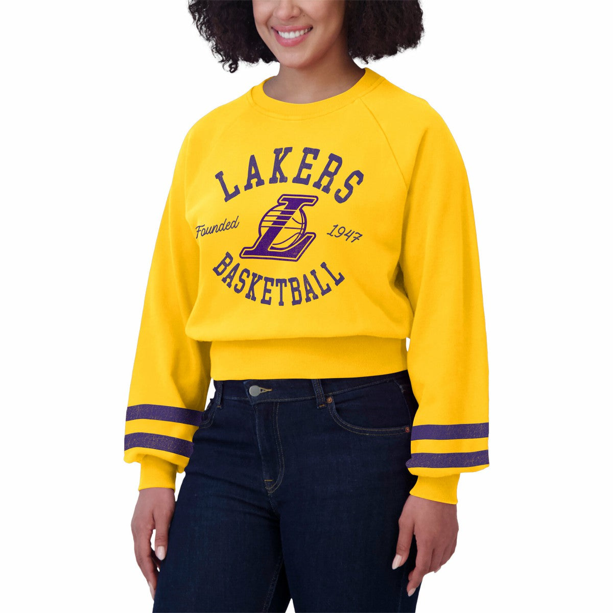 Los Angeles Lakers WEAR by Erin Andrews Women's Vintage Raglan Cropped Pullover Sweatshirt Discount
