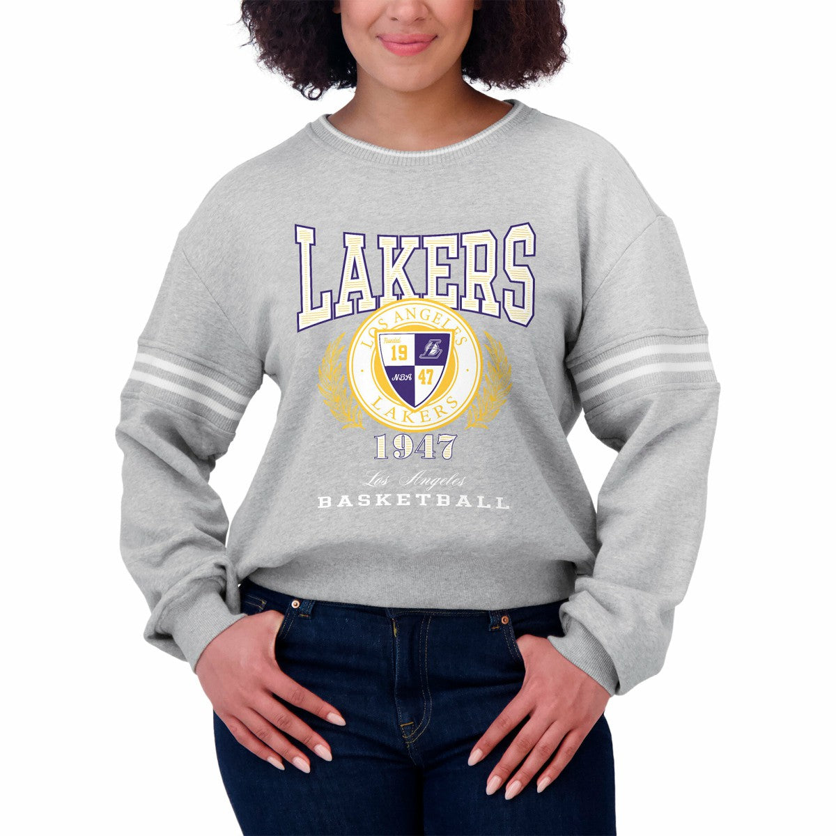Los Angeles Lakers WEAR by Erin Andrews Women's French Terry Pullover Sweatshirt Discount