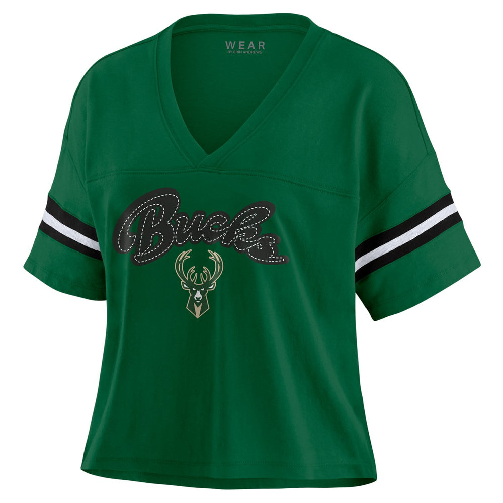 Milwaukee Bucks WEAR by Erin Andrews Women's Color Block Boxy V-Neck T-Shirt Discount