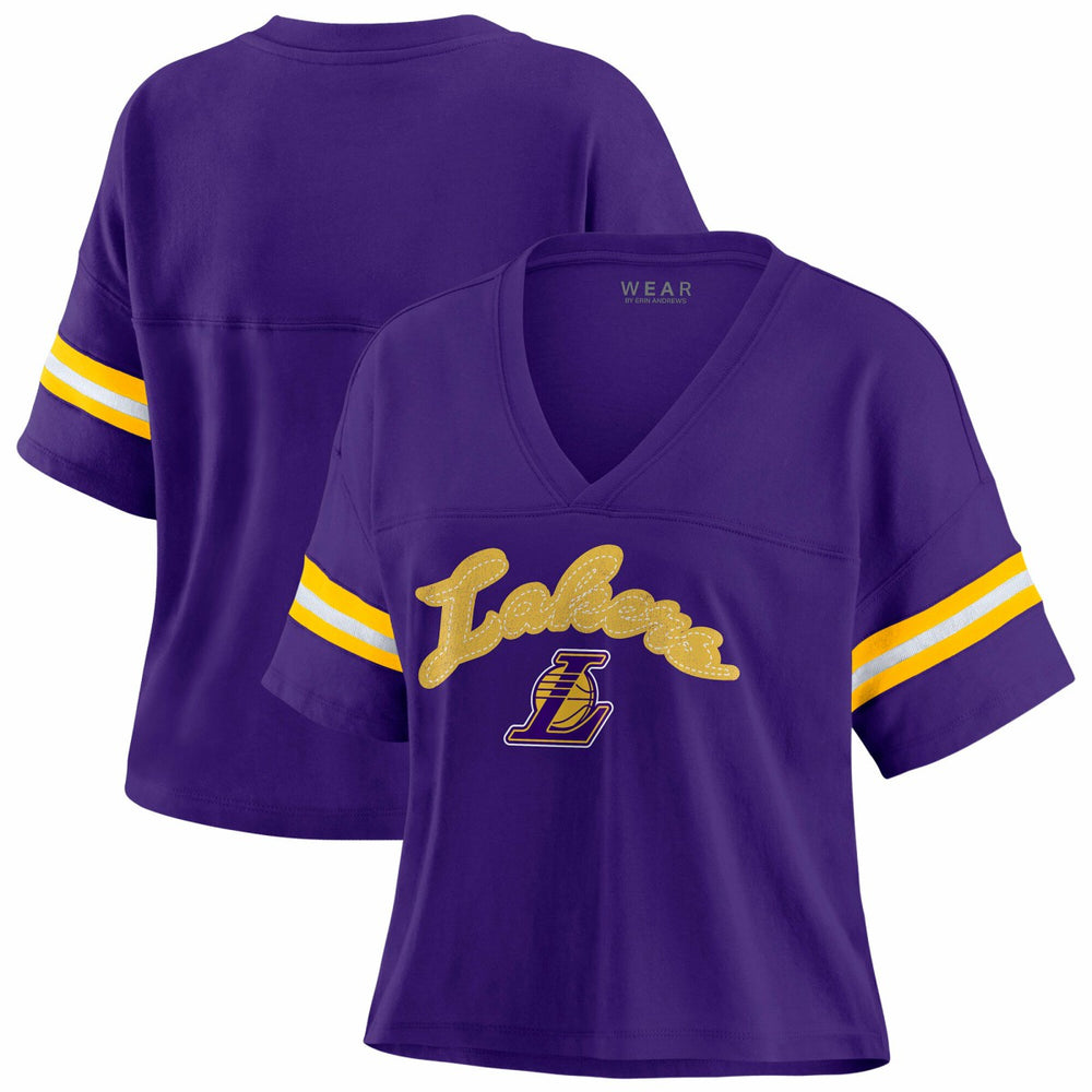 Los Angeles Lakers WEAR by Erin Andrews Women's Plus Size Color Block Boxy V-Neck T-Shirt Outlet
