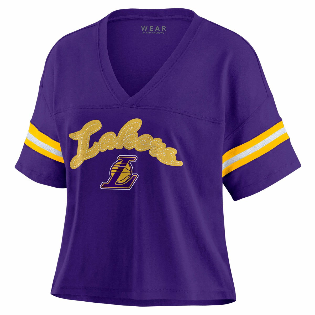 Los Angeles Lakers WEAR by Erin Andrews Women's Plus Size Color Block Boxy V-Neck T-Shirt Outlet