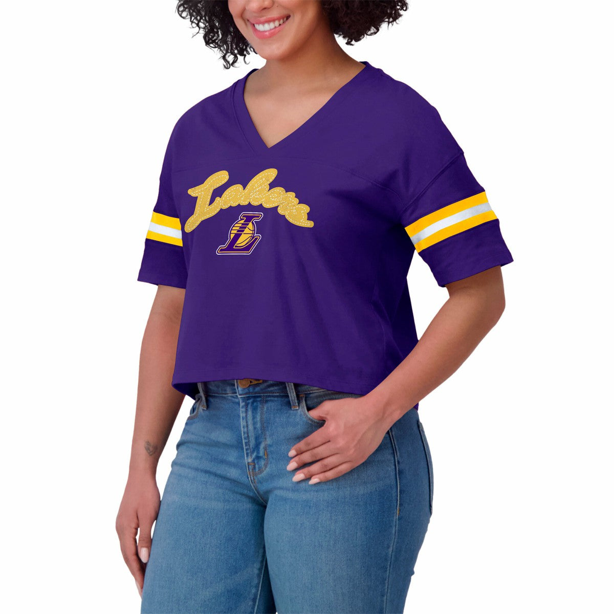 Los Angeles Lakers WEAR by Erin Andrews Women's Plus Size Color Block Boxy V-Neck T-Shirt Outlet