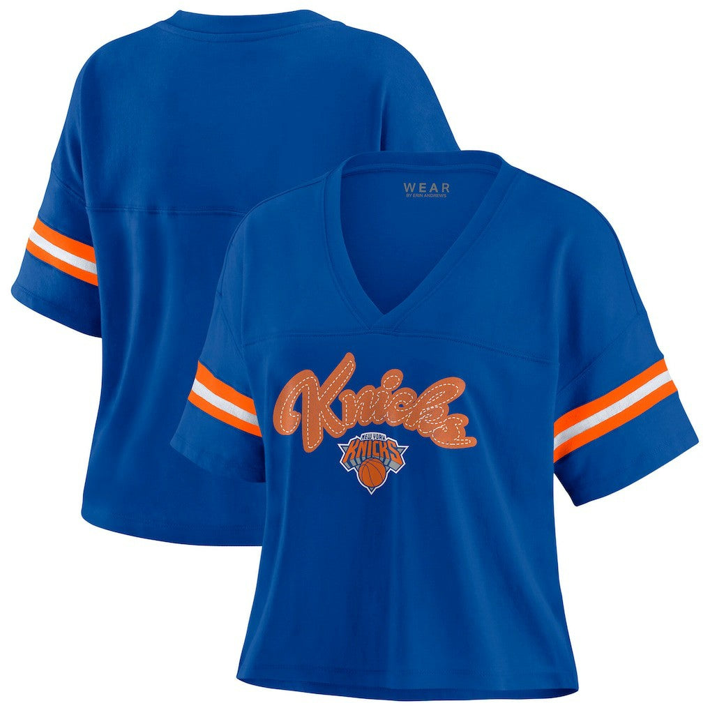 New York Knicks WEAR by Erin Andrews Women's Plus Size Color Block Boxy V-Neck T-Shirt On Sale