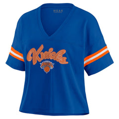 New York Knicks WEAR by Erin Andrews Women's Plus Size Color Block Boxy V-Neck T-Shirt On Sale