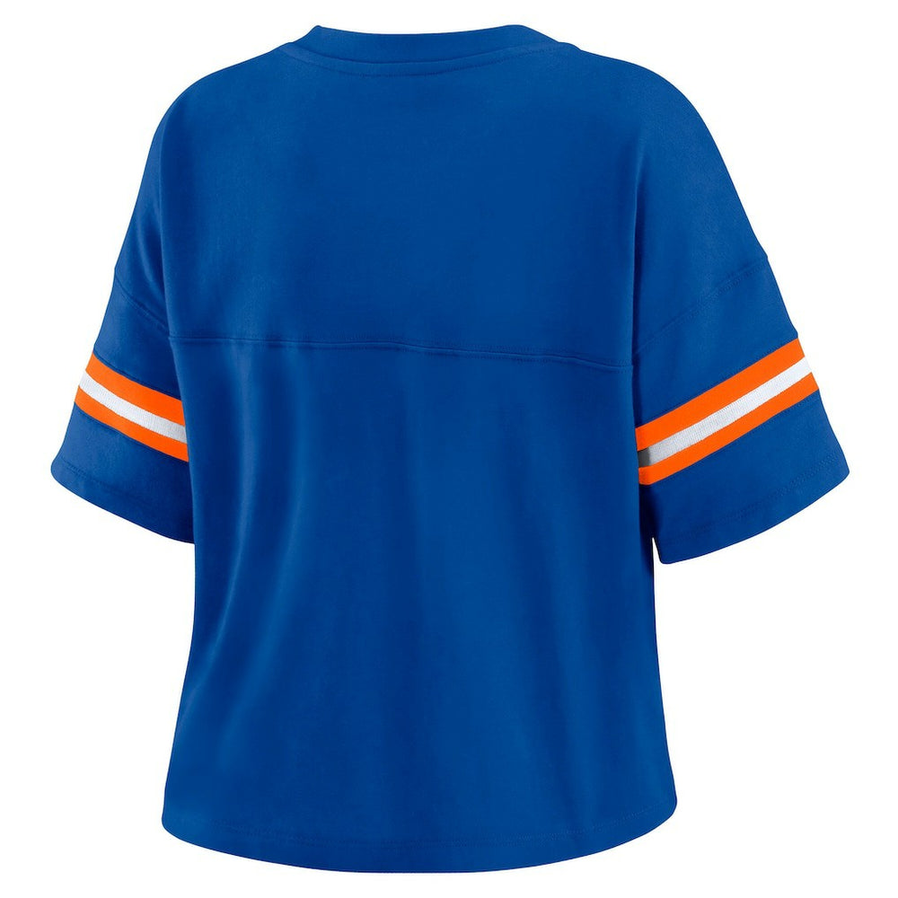 New York Knicks WEAR by Erin Andrews Women's Plus Size Color Block Boxy V-Neck T-Shirt On Sale