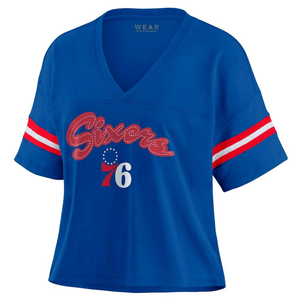 Philadelphia 76ers WEAR by Erin Andrews Women's Plus Size Color Block Boxy V-Neck T-Shirt For Sale