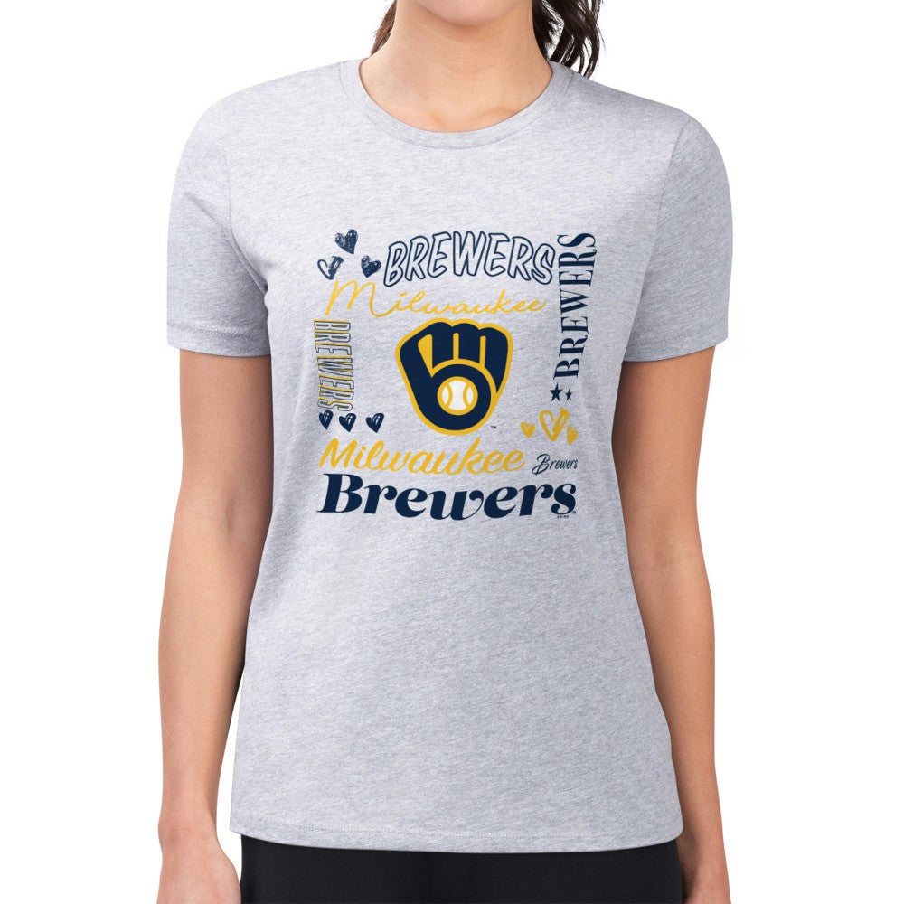 Milwaukee Brewers G-III 4Her by Carl Banks Women's Super-Slim Fit Lightweight Collage Team Graphic Crew Neck T-Shirt | MLB Outlet