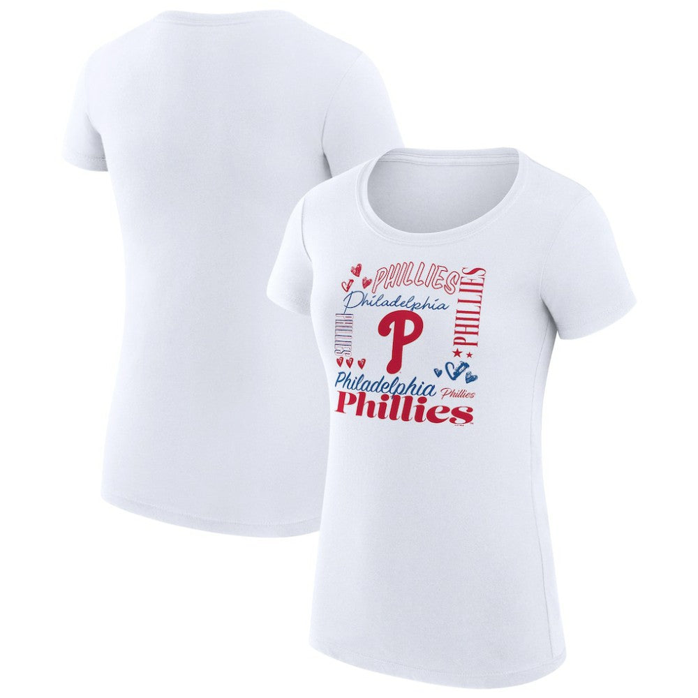 Philadelphia Phillies G-III 4Her by Carl Banks Women's Super-Slim Fit Lightweight Collage Team Graphic Crew Neck T-Shirt | MLB Outlet