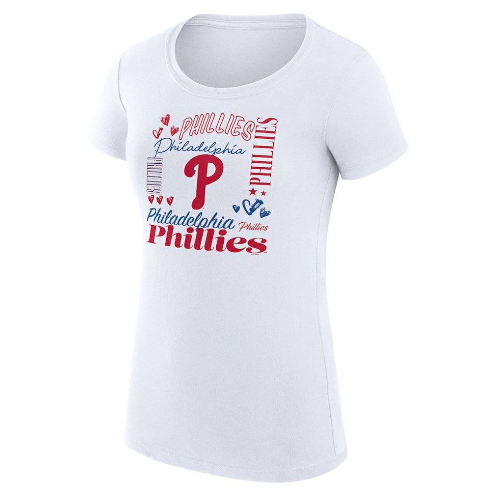 Philadelphia Phillies G-III 4Her by Carl Banks Women's Super-Slim Fit Lightweight Collage Team Graphic Crew Neck T-Shirt | MLB Outlet