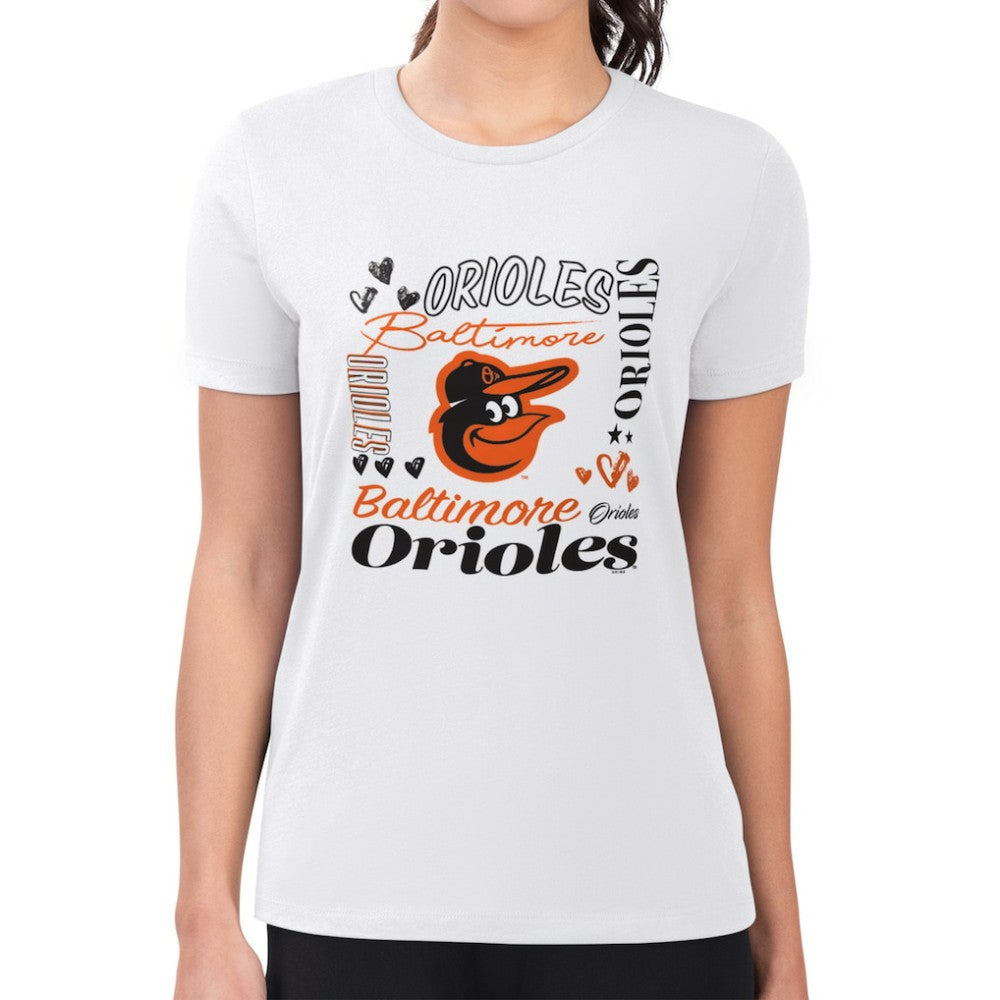Baltimore Orioles G-III 4Her by Carl Banks Women's Super-Slim Fit Lightweight Collage Team Graphic Crew Neck T-Shirt | MLB Discount