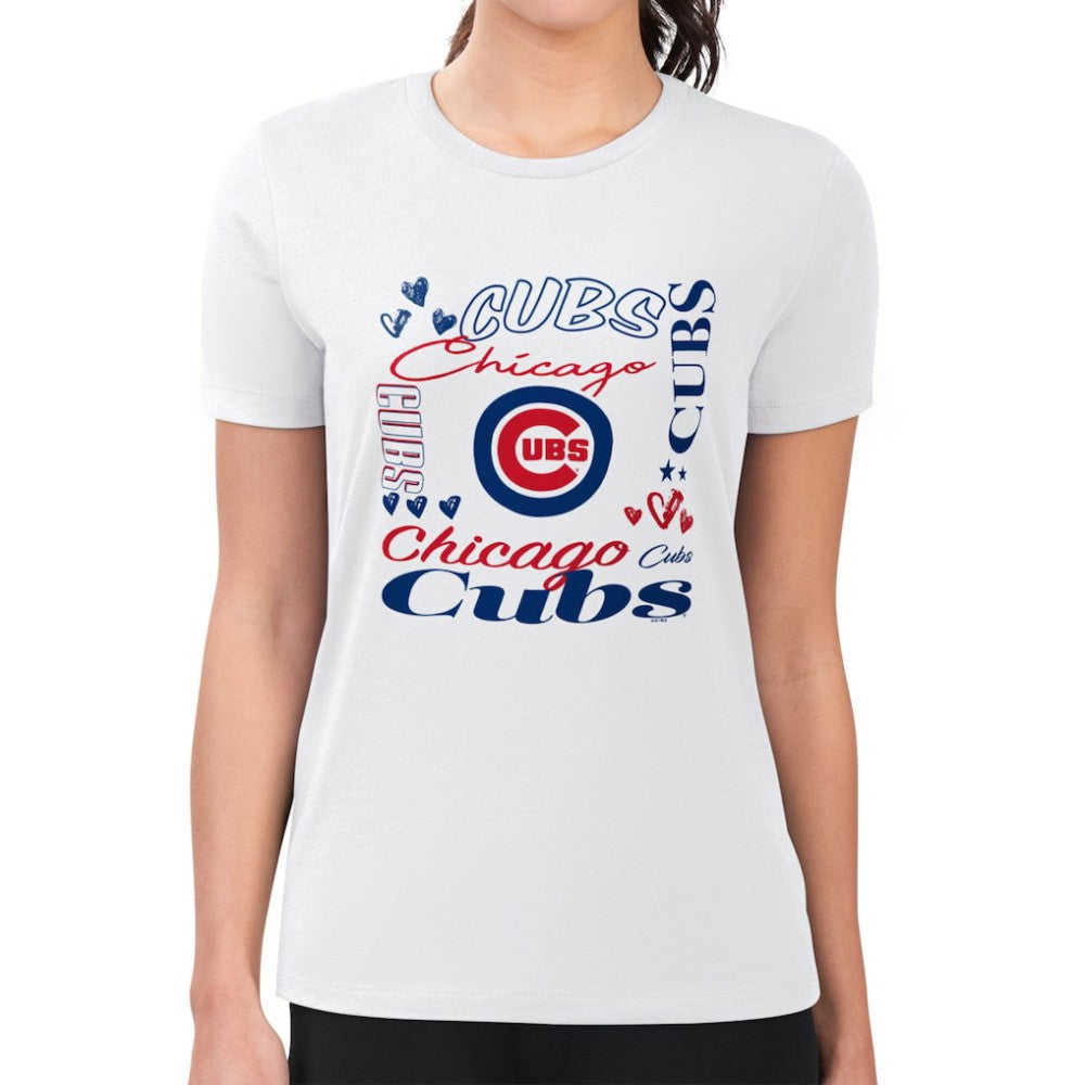 Chicago Cubs G-III 4Her by Carl Banks Women's Super-Slim Fit Lightweight Collage Team Graphic Crew Neck T-Shirt | MLB New