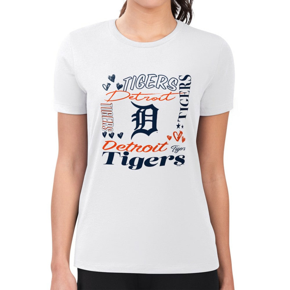 Detroit Tigers G-III 4Her by Carl Banks Women's Super-Slim Fit Lightweight Collage Team Graphic Crew Neck T-Shirt | MLB Outlet