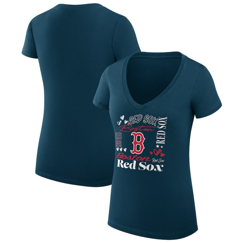 Boston Red Sox G-III 4Her by Carl Banks Women's Super-Slim Fit Lightweight Collage Team Graphic V-Neck T-Shirt | MLB Discount