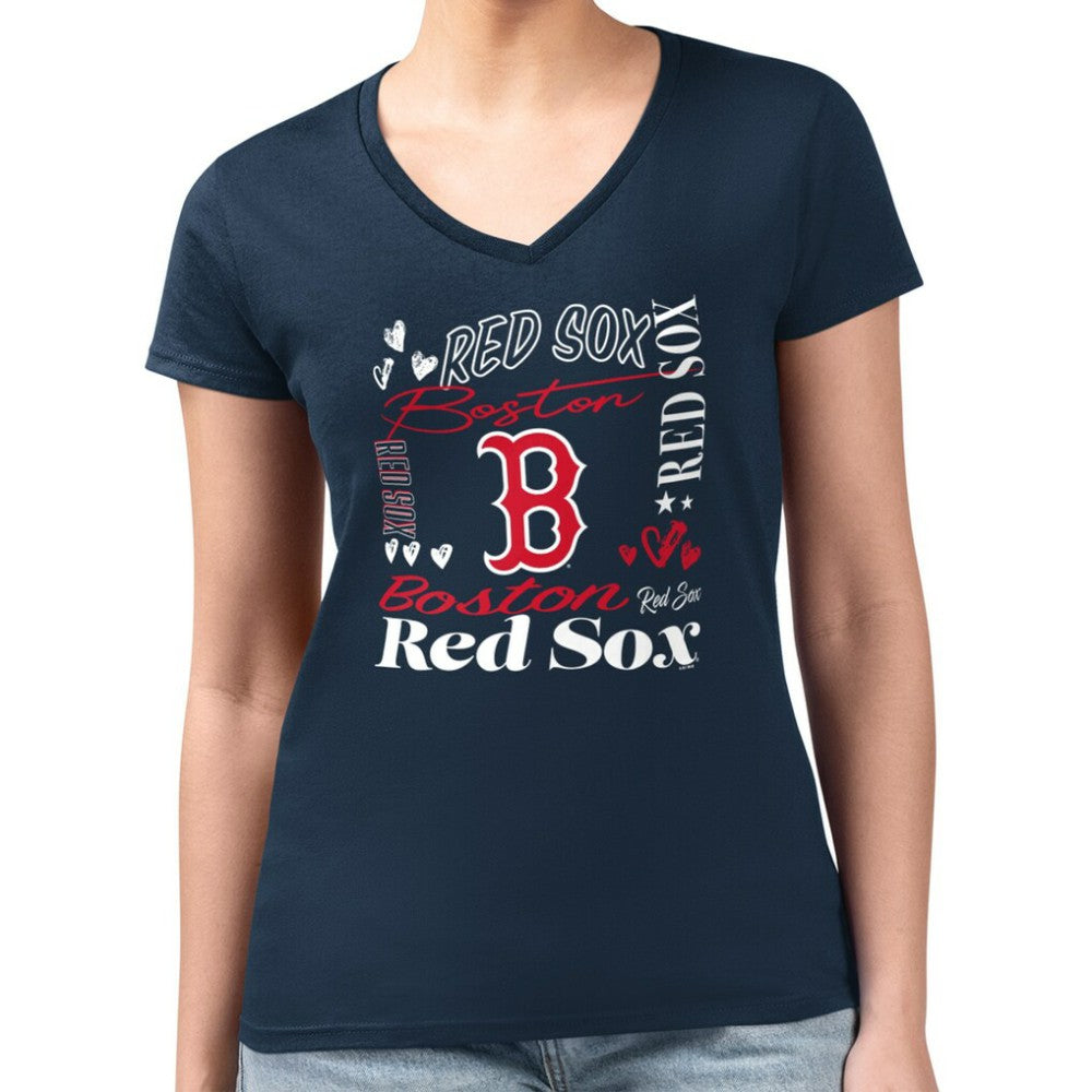 Boston Red Sox G-III 4Her by Carl Banks Women's Super-Slim Fit Lightweight Collage Team Graphic V-Neck T-Shirt | MLB Discount