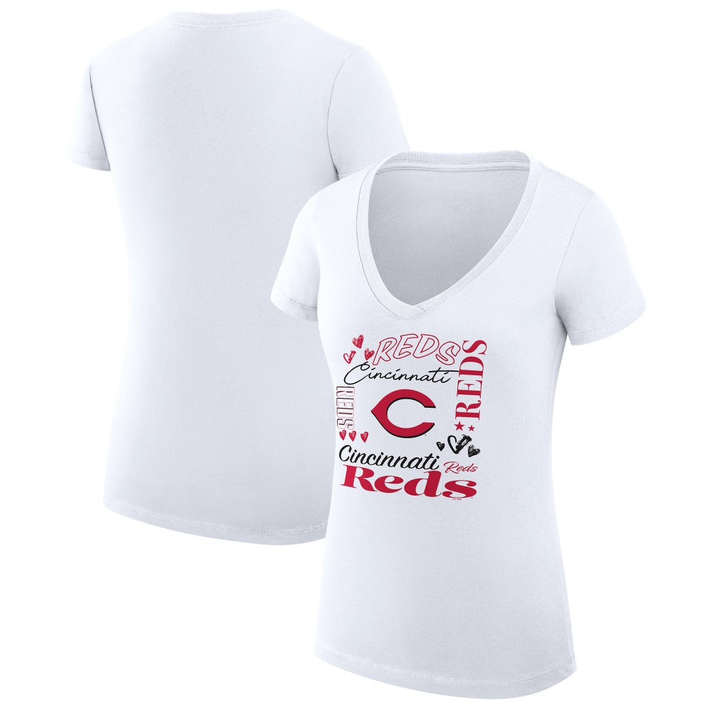 Cincinnati Reds G-III 4Her by Carl Banks Women's Super-Slim Fit Lightweight Collage Team Graphic V-Neck T-Shirt | MLB New