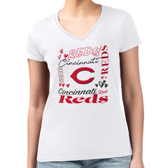 Cincinnati Reds G-III 4Her by Carl Banks Women's Super-Slim Fit Lightweight Collage Team Graphic V-Neck T-Shirt | MLB New