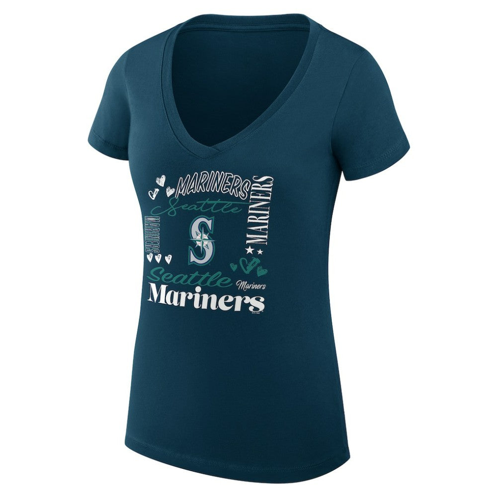 Seattle Mariners G-III 4Her by Carl Banks Women's Super-Slim Fit Lightweight Collage Team Graphic V-Neck T-Shirt | MLB Outlet