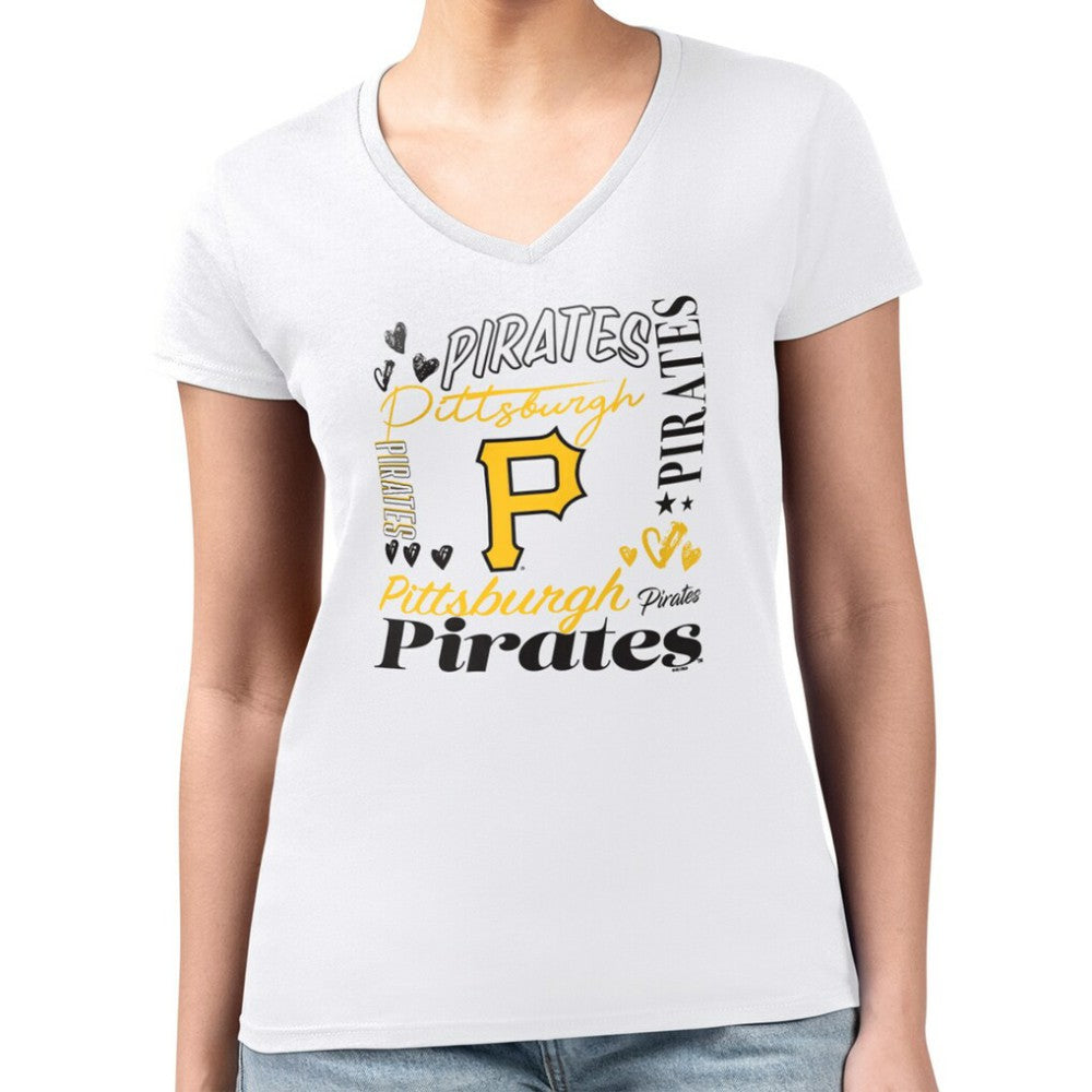 Pittsburgh Pirates G-III 4Her by Carl Banks Women's Super-Slim Fit Lightweight Collage Team Graphic V-Neck T-Shirt | MLB Online