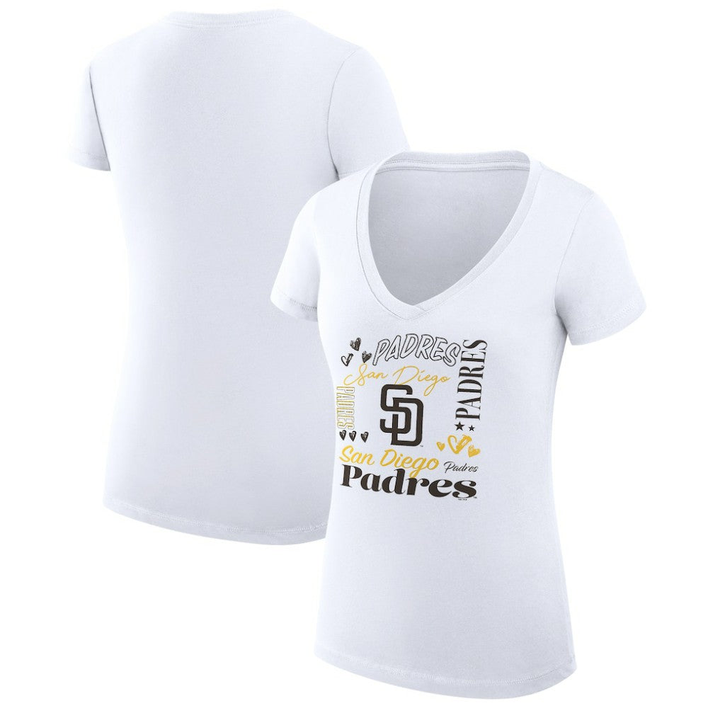 San Diego Padres G-III 4Her by Carl Banks Women's Super-Slim Fit Lightweight Collage Team Graphic V-Neck T-Shirt | MLB For sale