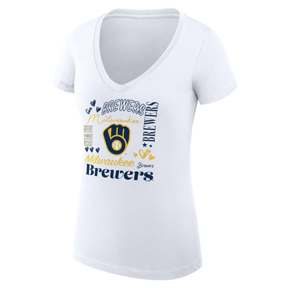 Milwaukee Brewers G-III 4Her by Carl Banks Women's Super-Slim Fit Lightweight Collage Team Graphic V-Neck T-Shirt | MLB Discount