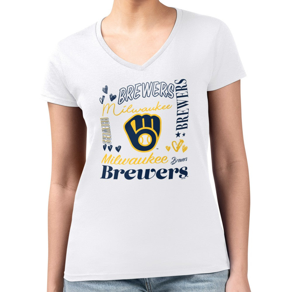 Milwaukee Brewers G-III 4Her by Carl Banks Women's Super-Slim Fit Lightweight Collage Team Graphic V-Neck T-Shirt | MLB Discount