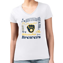 Milwaukee Brewers G-III 4Her by Carl Banks Women's Super-Slim Fit Lightweight Collage Team Graphic V-Neck T-Shirt | MLB Discount