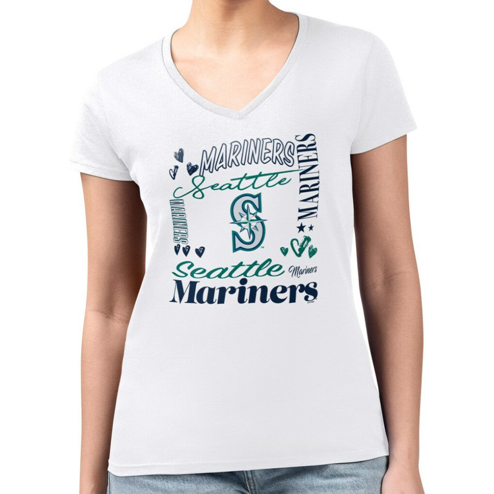 Seattle Mariners G-III 4Her by Carl Banks Women's Super-Slim Fit Lightweight Collage Team Graphic V-Neck T-Shirt | MLB Discount