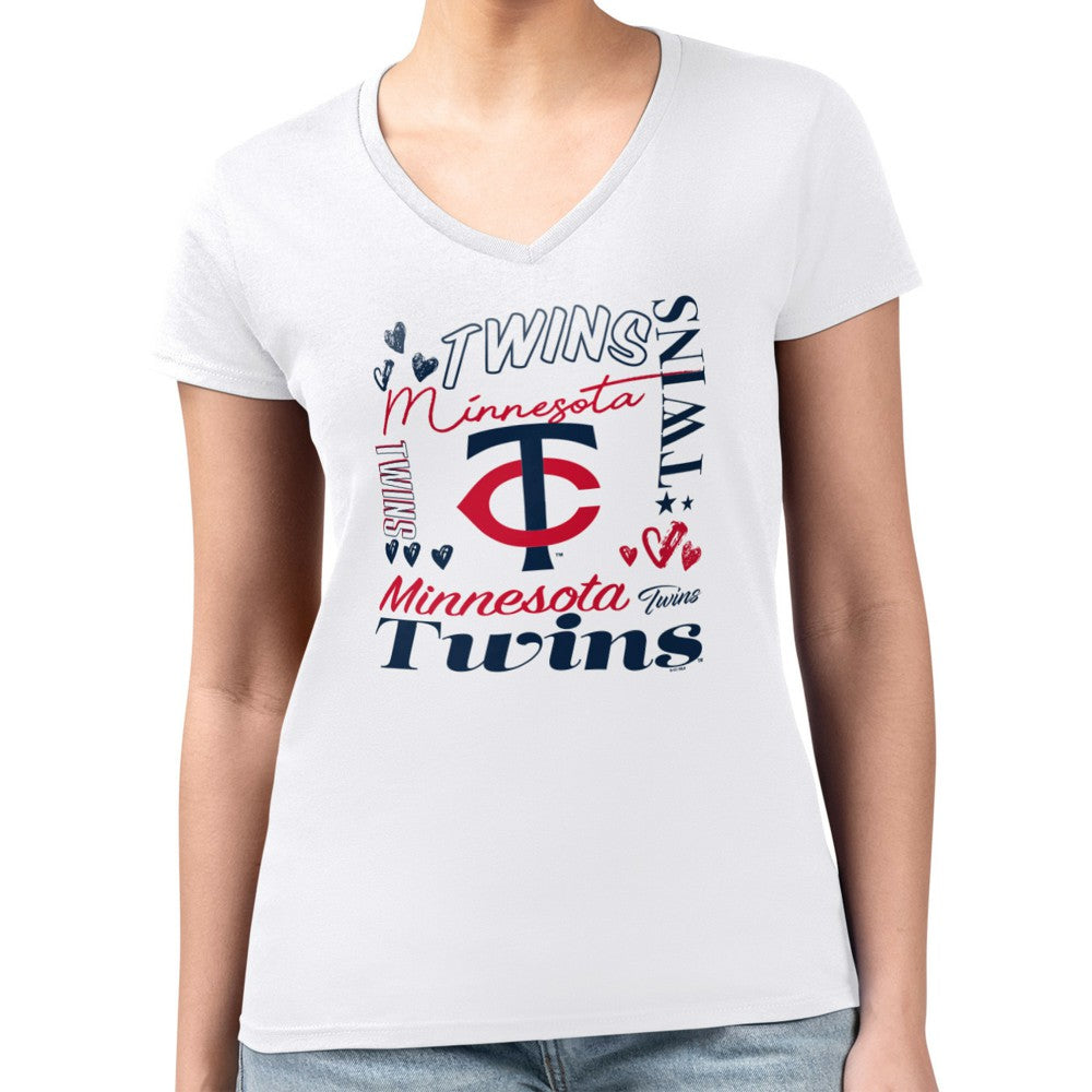 Minnesota Twins G-III 4Her by Carl Banks Women's Super-Slim Fit Lightweight Collage Team Graphic V-Neck T-Shirt | MLB New