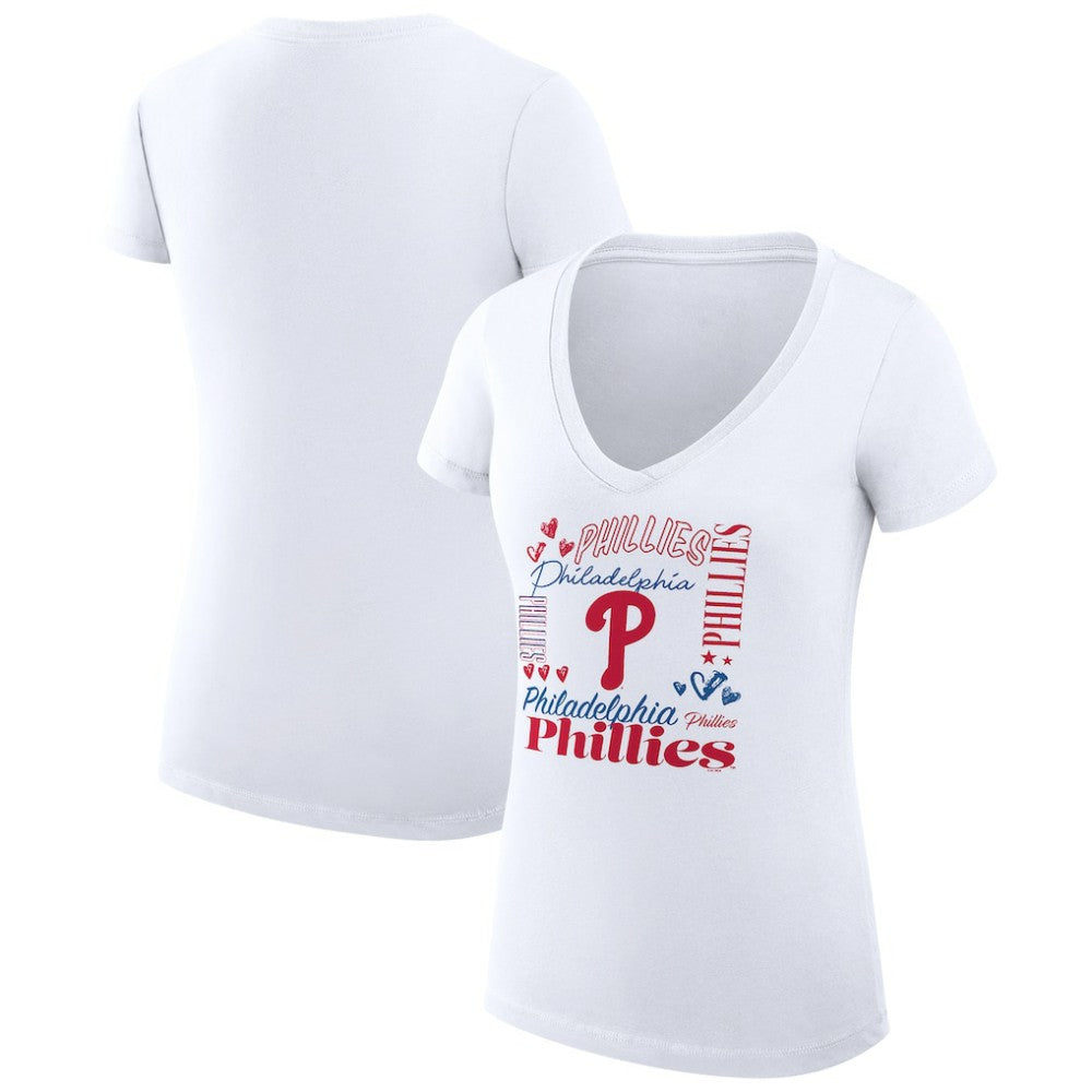 Philadelphia Phillies G-III 4Her by Carl Banks Women's Super-Slim Fit Lightweight Collage Team Graphic V-Neck T-Shirt | MLB New