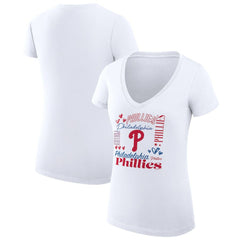 Philadelphia Phillies G-III 4Her by Carl Banks Women's Super-Slim Fit Lightweight Collage Team Graphic V-Neck T-Shirt | MLB New