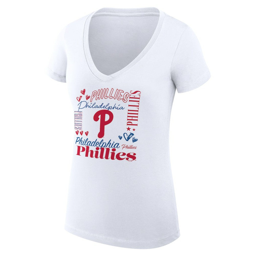Philadelphia Phillies G-III 4Her by Carl Banks Women's Super-Slim Fit Lightweight Collage Team Graphic V-Neck T-Shirt | MLB New