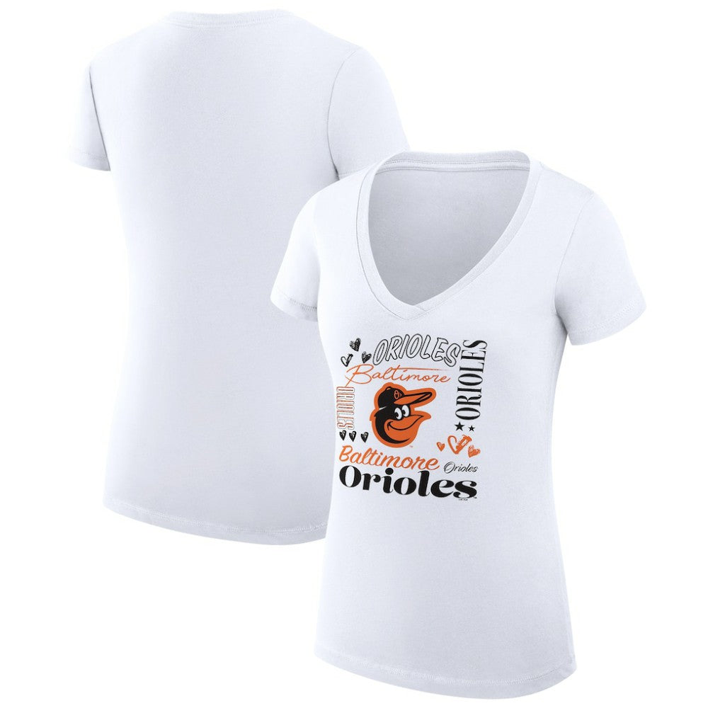 Baltimore Orioles G-III 4Her by Carl Banks Women's Super-Slim Fit Lightweight Collage Team Graphic V-Neck T-Shirt | MLB On Sale