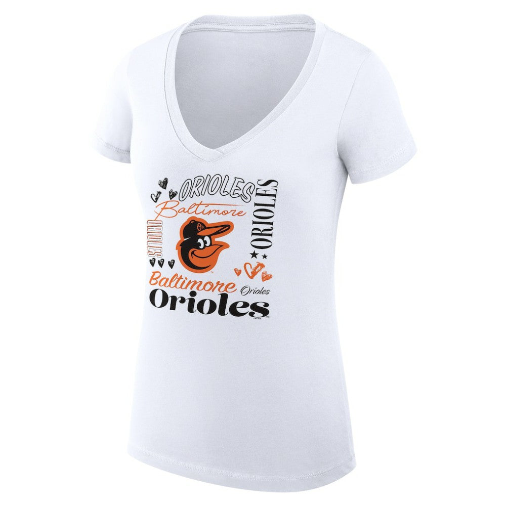 Baltimore Orioles G-III 4Her by Carl Banks Women's Super-Slim Fit Lightweight Collage Team Graphic V-Neck T-Shirt | MLB On Sale