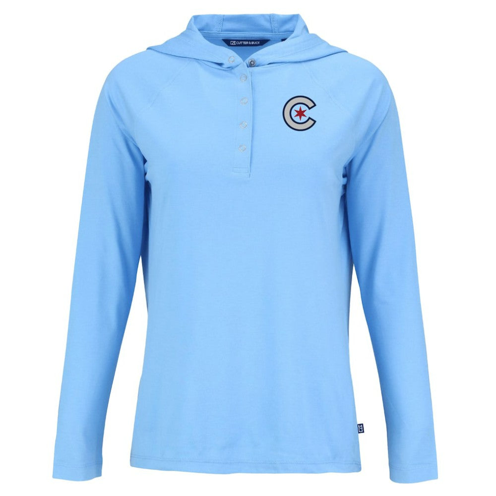 Chicago Cubs Cutter & Buck Women's City Connect Coastline Epic Comfort Eco Recycled Hoodie Raglan Long Sleeve T-Shirt | MLB Discount