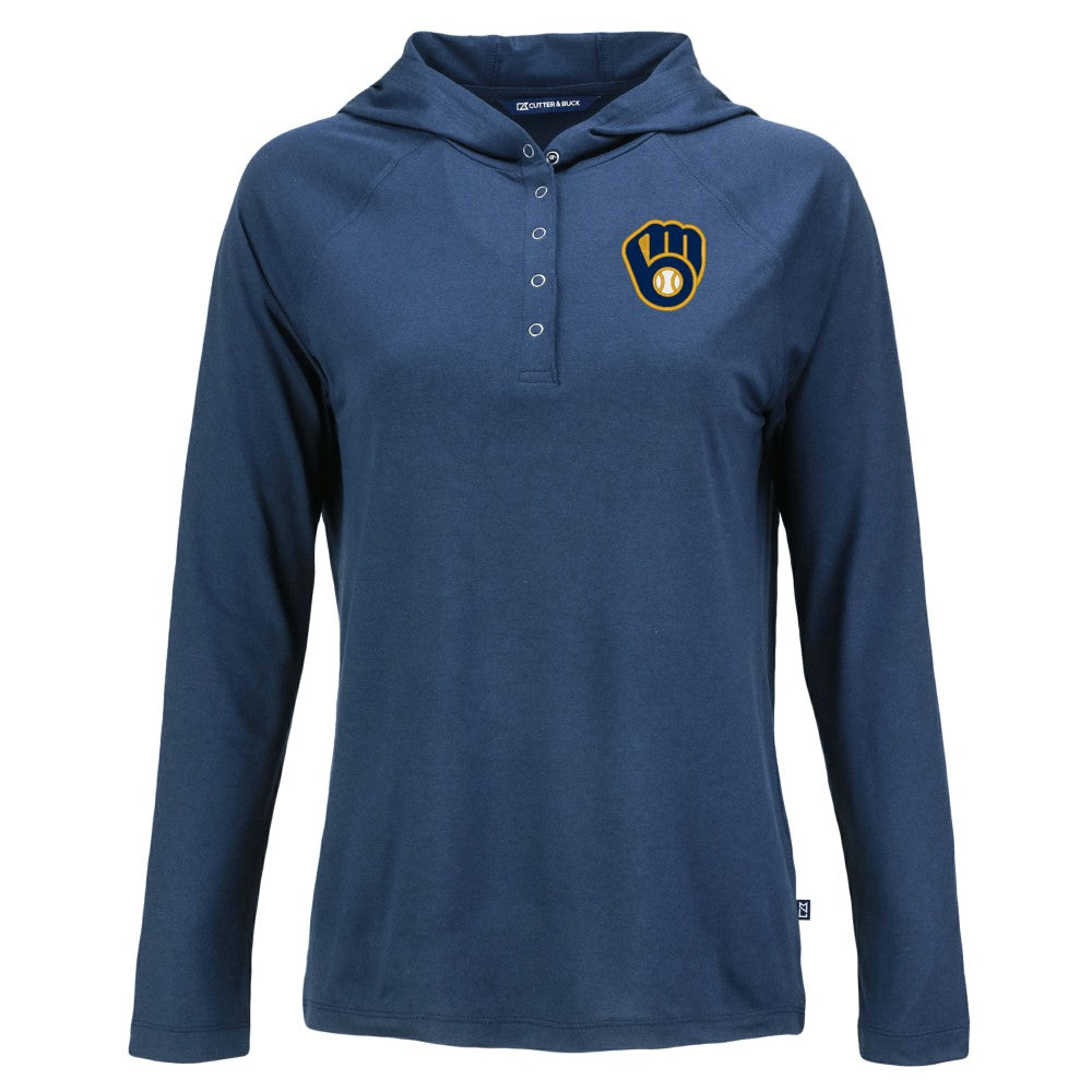 Milwaukee Brewers Cutter & Buck Women's  Coastline Epic Comfort Eco Recycled Hoodie Raglan Long Sleeve T-Shirt | MLB New