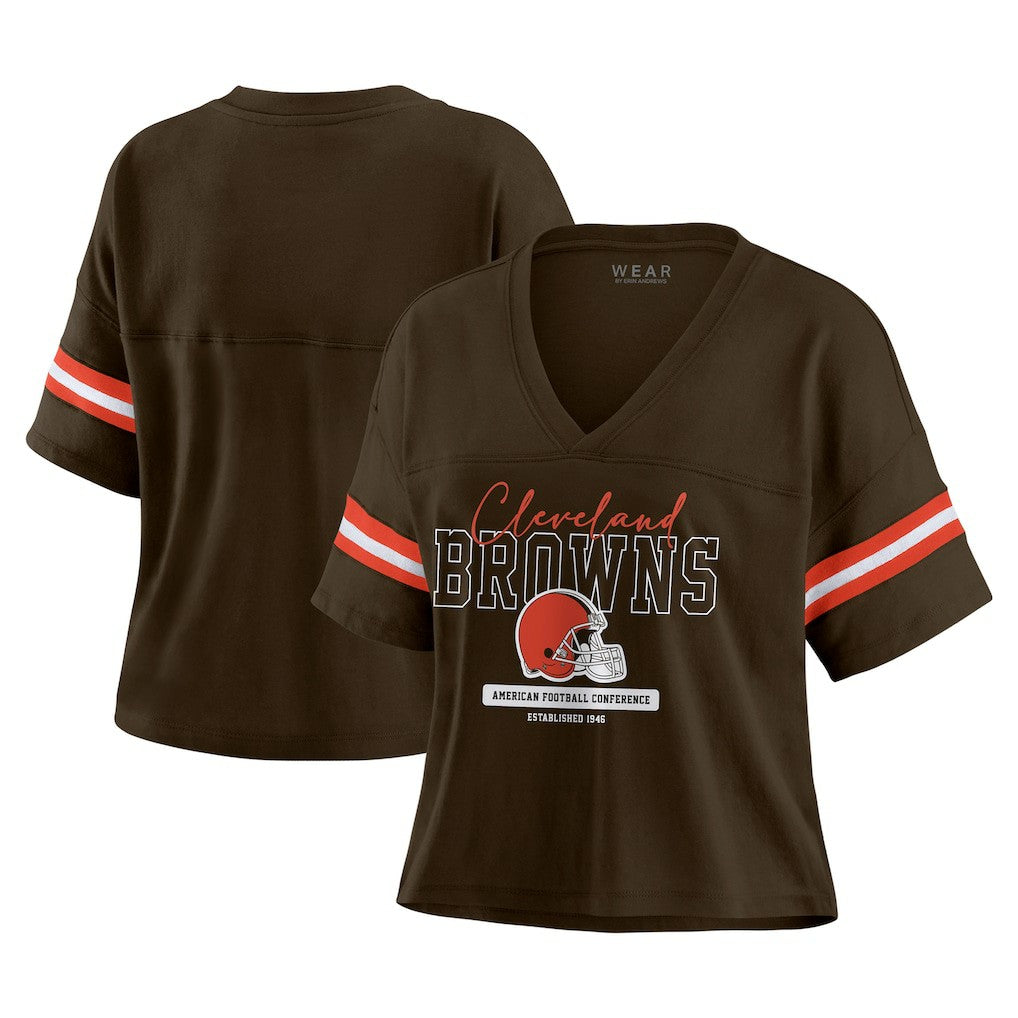 Cleveland Browns  WEAR by Erin Andrews Women's Color Block Boxy Modest Crop V-Neck T-Shirt