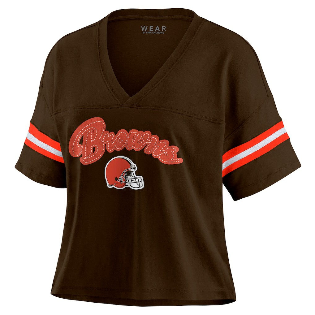 Cleveland Browns  WEAR by Erin Andrews Women's Color Block Boxy Modest Crop V-Neck T-Shirt