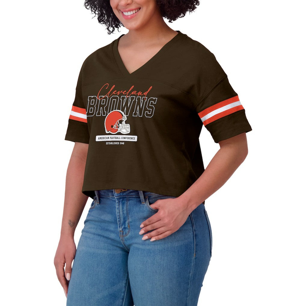 Cleveland Browns  WEAR by Erin Andrews Women's Color Block Boxy Modest Crop V-Neck T-Shirt