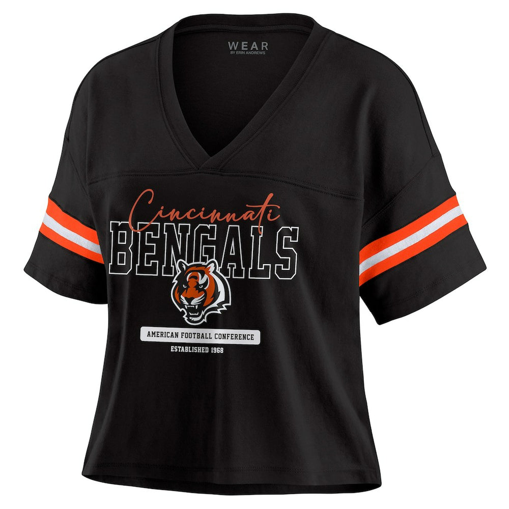 Cincinnati Bengals  WEAR by Erin Andrews Women's Color Block Boxy Modest Crop V-Neck T-Shirt