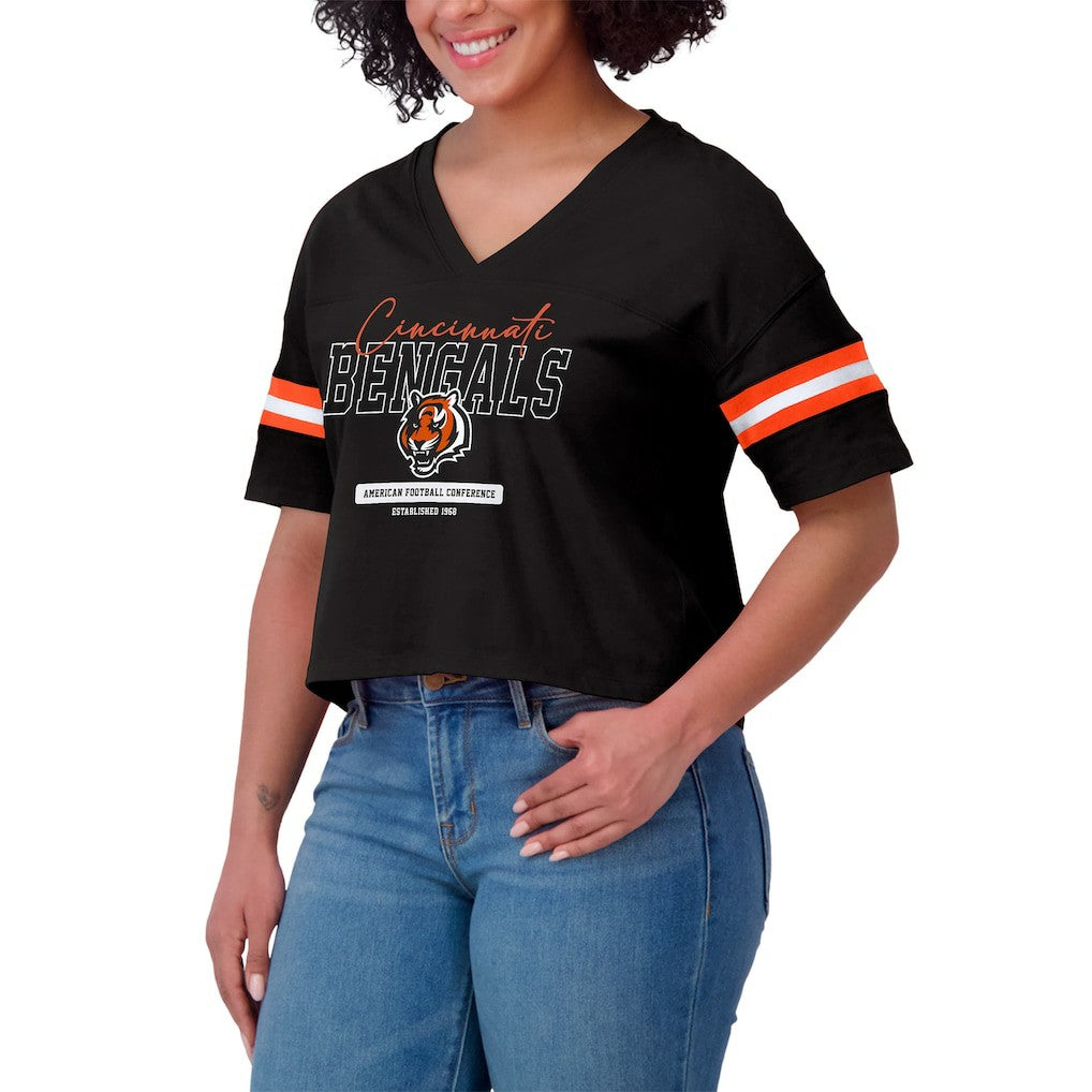 Cincinnati Bengals  WEAR by Erin Andrews Women's Color Block Boxy Modest Crop V-Neck T-Shirt