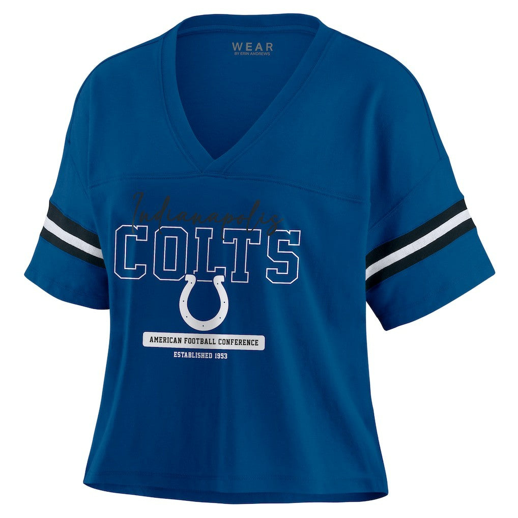 Indianapolis Colts  WEAR by Erin Andrews Women's Color Block Boxy Modest Crop V-Neck T-Shirt