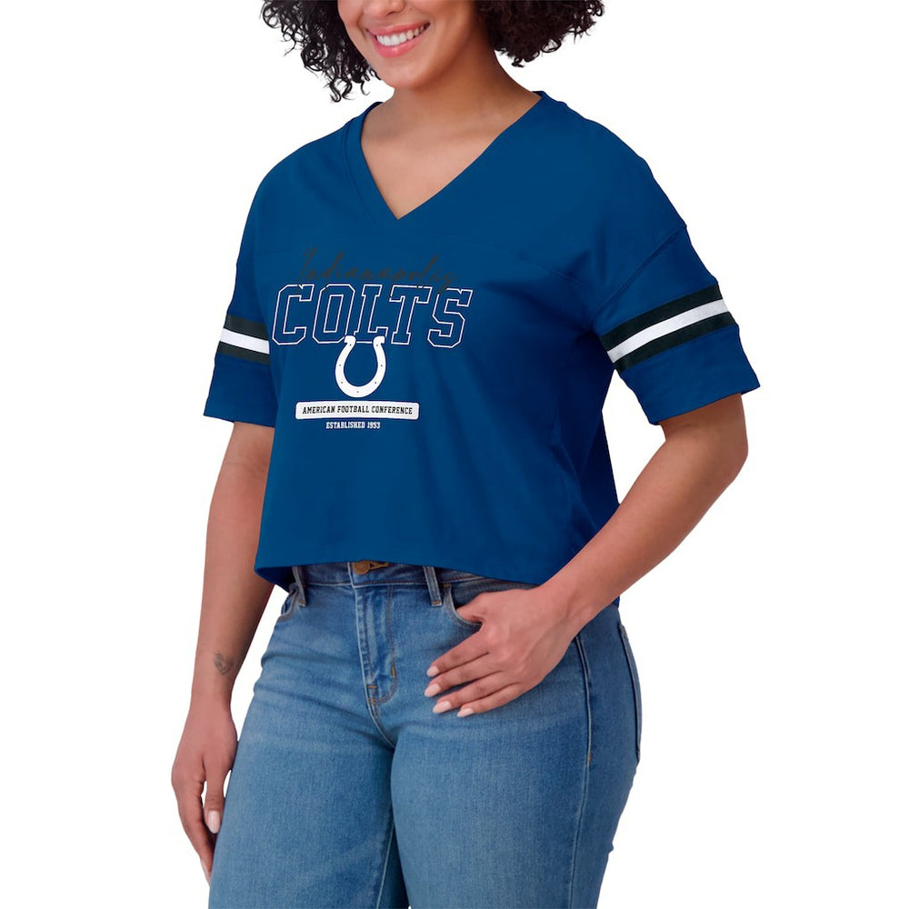 Indianapolis Colts  WEAR by Erin Andrews Women's Color Block Boxy Modest Crop V-Neck T-Shirt