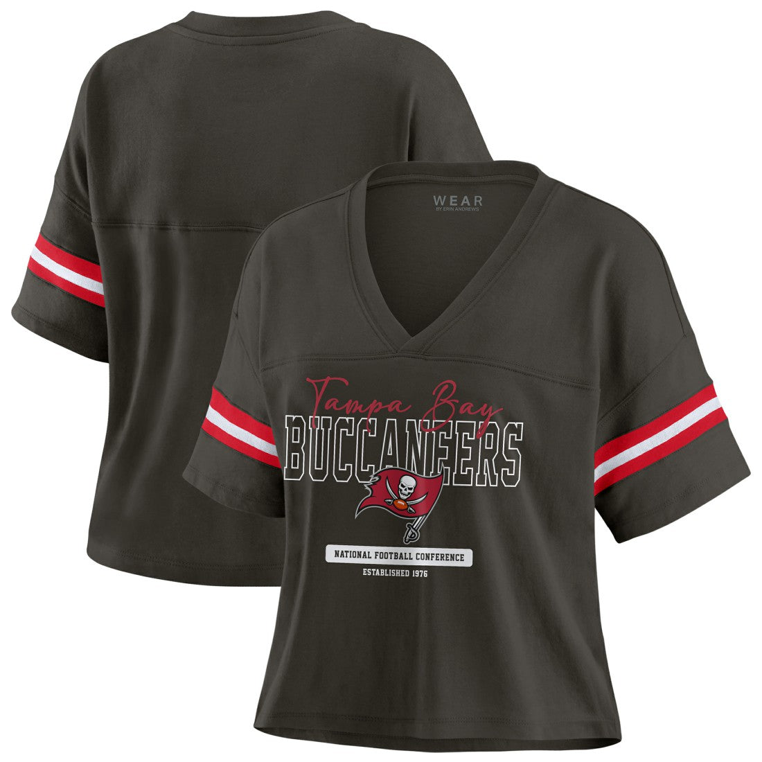 Tampa Bay Buccaneers  WEAR by Erin Andrews Women's Color Block Boxy Modest Crop V-Neck T-Shirt