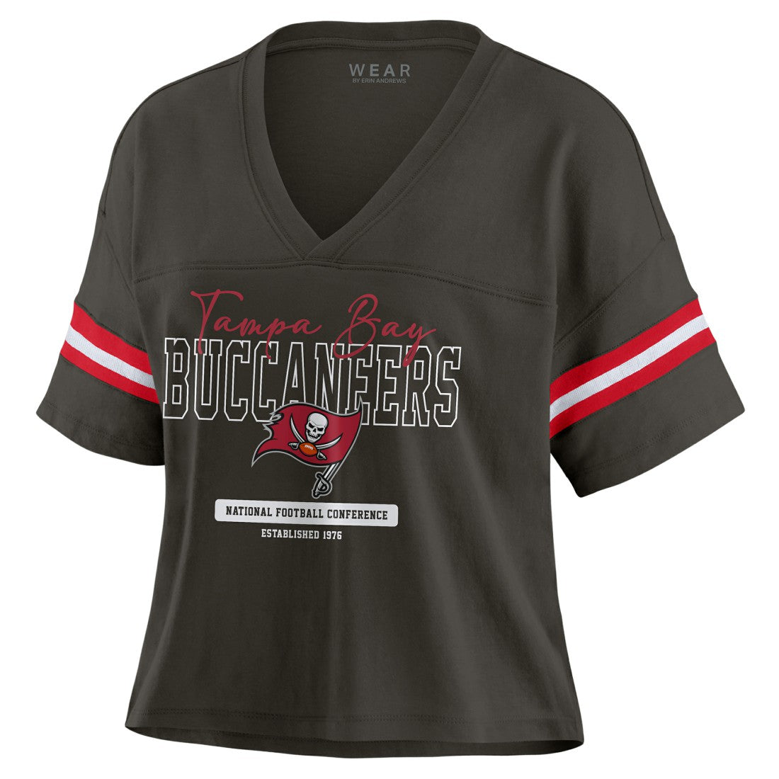 Tampa Bay Buccaneers  WEAR by Erin Andrews Women's Color Block Boxy Modest Crop V-Neck T-Shirt