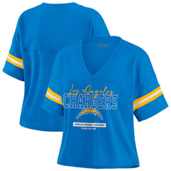 Los Angeles Chargers  WEAR by Erin Andrews Women's Color Block Boxy Modest Crop V-Neck T-Shirt