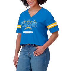Los Angeles Chargers  WEAR by Erin Andrews Women's Color Block Boxy Modest Crop V-Neck T-Shirt