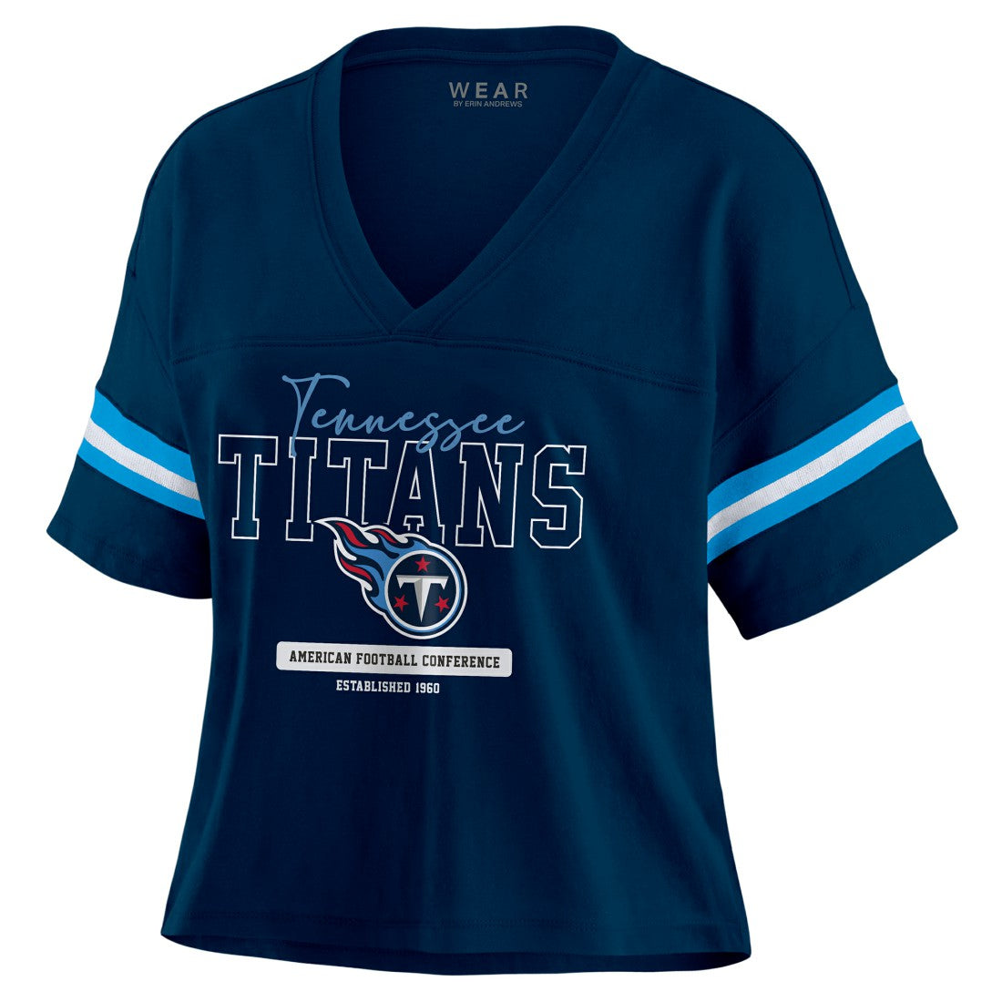 Tennessee Titans  WEAR by Erin Andrews Women's Color Block Boxy Modest Crop V-Neck T-Shirt