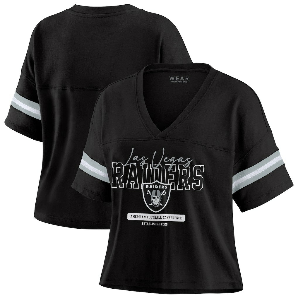 Las Vegas Raiders  WEAR by Erin Andrews Women's Color Block Boxy Modest Crop V-Neck T-Shirt