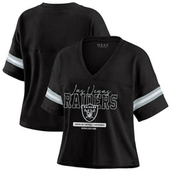 Las Vegas Raiders  WEAR by Erin Andrews Women's Color Block Boxy Modest Crop V-Neck T-Shirt