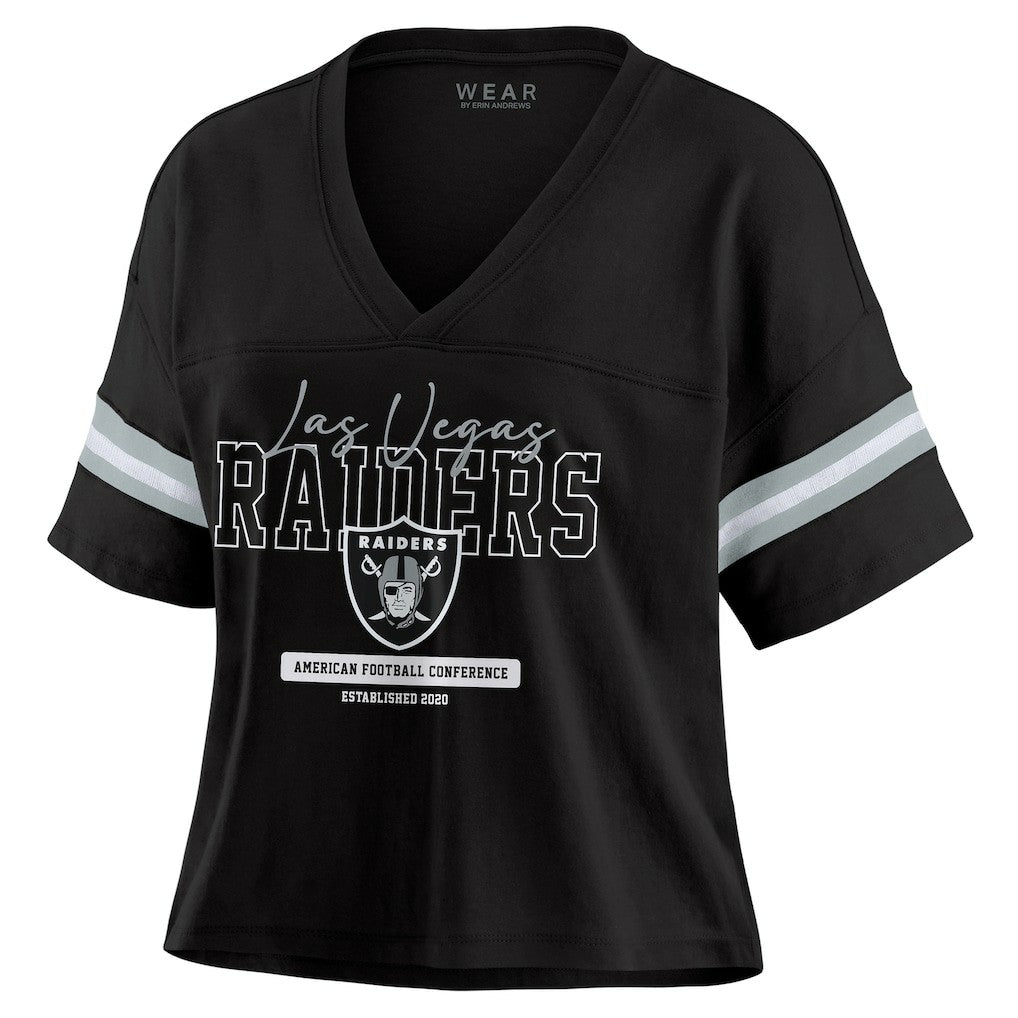 Las Vegas Raiders  WEAR by Erin Andrews Women's Color Block Boxy Modest Crop V-Neck T-Shirt